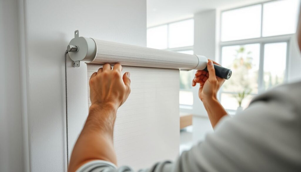 A well-lit, professional-grade interior scene showcasing the installation of a smart roller shade. In the foreground, a skilled technician's hands are carefully mounting the sleek, modern shade mechanism onto a pristine white wall, using precise tools and focused attention to detail. In the middle ground, the neatly rolled shade material cascades downwards, its textured fabric hinting at its insulating and light-blocking capabilities. The background features a spacious, minimalist room with abundant natural light flooding in through large windows, creating a serene, contemporary atmosphere. The overall scene conveys a sense of expertise, efficiency, and the seamless integration of smart home technology into an elegant living space. A well-lit, professional-grade interior scene showcasing the installation of a smart roller shade. In the foreground, a skilled technician's hands are carefully mounting the sleek, modern shade mechanism onto a pristine white wall, using precise tools and focused attention to detail. In the middle ground, the neatly rolled shade material cascades downwards, its textured fabric hinting at its insulating and light-blocking capabilities. The background features a spacious, minimalist room with abundant natural light flooding in through large windows, creating a serene, contemporary atmosphere. The overall scene conveys a sense of expertise, efficiency, and the seamless integration of smart home technology into an elegant living space.