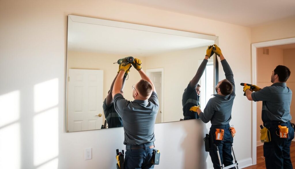 A well-lit residential interior with a team of professional mirror specialists carefully installing a large wall mirror. The mirror is being mounted on the wall, with the experts using power tools and hand tools to ensure a precise and secure fit. The scene showcases the expertise and attention to detail of the mirror installation service, with the workers dressed in uniform and using protective gear. The background features neutral-toned walls and hardwood floors, creating a clean and modern aesthetic. Soft, directional lighting highlights the mirror's reflection and the specialists' focused expressions, conveying a sense of professionalism and high-quality craftsmanship. A well-lit residential interior with a team of professional mirror specialists carefully installing a large wall mirror. The mirror is being mounted on the wall, with the experts using power tools and hand tools to ensure a precise and secure fit. The scene showcases the expertise and attention to detail of the mirror installation service, with the workers dressed in uniform and using protective gear. The background features neutral-toned walls and hardwood floors, creating a clean and modern aesthetic. Soft, directional lighting highlights the mirror's reflection and the specialists' focused expressions, conveying a sense of professionalism and high-quality craftsmanship.