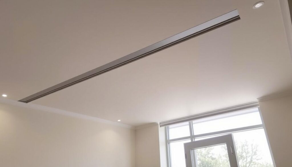 A well-lit room with a high ceiling, a panel track system installed along the ceiling, featuring smooth, clean lines and a sleek, modern design. The tracks are flush-mounted, blending seamlessly with the ceiling's surface. Soft, diffused lighting illuminates the space, creating a warm, inviting atmosphere. The window frame in the background is partially visible, hinting at the functional purpose of the panel tracks. The image conveys a sense of effortless elegance and attention to detail, reflecting the expertise and professionalism of the Handyman Pretoria team. A well-lit room with a high ceiling, a panel track system installed along the ceiling, featuring smooth, clean lines and a sleek, modern design. The tracks are flush-mounted, blending seamlessly with the ceiling's surface. Soft, diffused lighting illuminates the space, creating a warm, inviting atmosphere. The window frame in the background is partially visible, hinting at the functional purpose of the panel tracks. The image conveys a sense of effortless elegance and attention to detail, reflecting the expertise and professionalism of the Handyman Pretoria team.