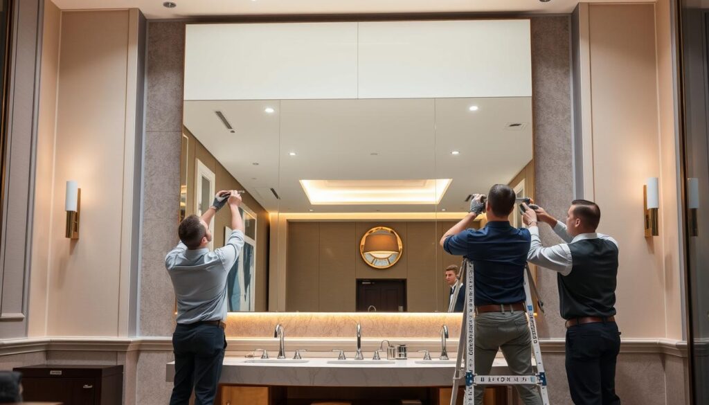 A well-lit, spacious commercial setting with a large, modern wall mirror prominently displayed. The mirror is expertly installed, seamlessly integrated into the elegant decor. Professional installers, dressed in uniforms, carefully measure and secure the mirror, ensuring a flawless, safe, and aesthetically pleasing result. The scene conveys a sense of precision, attention to detail, and a commitment to providing high-quality commercial wall mirror services. Soft, diffused lighting highlights the mirror's reflective surface, creating a sophisticated ambiance. The overall composition emphasizes the professionalism and expertise of the service providers. A well-lit, spacious commercial setting with a large, modern wall mirror prominently displayed. The mirror is expertly installed, seamlessly integrated into the elegant decor. Professional installers, dressed in uniforms, carefully measure and secure the mirror, ensuring a flawless, safe, and aesthetically pleasing result. The scene conveys a sense of precision, attention to detail, and a commitment to providing high-quality commercial wall mirror services. Soft, diffused lighting highlights the mirror's reflective surface, creating a sophisticated ambiance. The overall composition emphasizes the professionalism and expertise of the service providers.