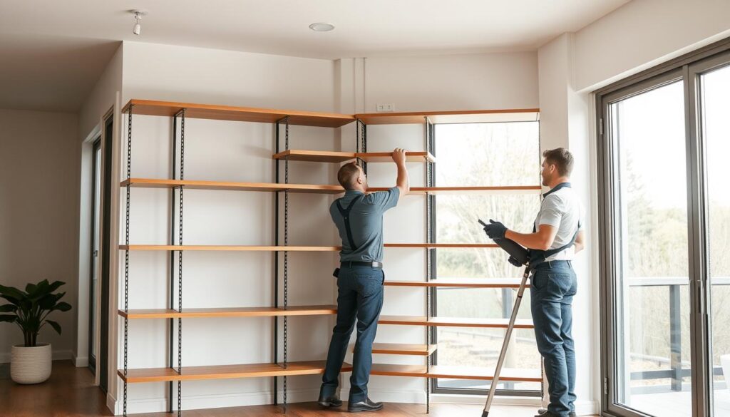 A well-lit, spacious home interior with a focal point on a sleek, modern shelving unit. The shelves are made of high-quality wood and metal, seamlessly integrated into the wall. A professional handyman in a clean uniform is carefully installing the shelves, using precise tools and techniques. The room has large windows, allowing natural light to flood the space and highlight the shelving's clean lines and organization. The overall mood is one of efficiency, competence, and a touch of minimalist design. The scene conveys the reliability and expertise of a professional shelving installation service. A well-lit, spacious home interior with a focal point on a sleek, modern shelving unit. The shelves are made of high-quality wood and metal, seamlessly integrated into the wall. A professional handyman in a clean uniform is carefully installing the shelves, using precise tools and techniques. The room has large windows, allowing natural light to flood the space and highlight the shelving's clean lines and organization. The overall mood is one of efficiency, competence, and a touch of minimalist design. The scene conveys the reliability and expertise of a professional shelving installation service.
