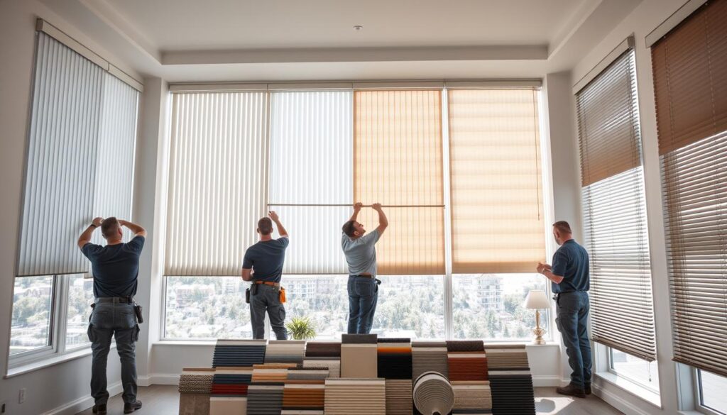 A well-lit, spacious room showcasing a comprehensive blind installation. In the foreground, a team of skilled technicians expertly installing a variety of stylish window blinds, from sleek vertical blinds to energy-efficient cellular shades. The middle ground features an assortment of blind samples, showcasing the diverse range of colors, textures, and materials available to perfectly complement any interior decor. In the background, large windows allow natural light to flood the space, highlighting the seamless integration of the new blinds. The overall scene conveys a sense of professionalism, attention to detail, and a commitment to providing complete blind solutions tailored to the customer's needs. A well-lit, spacious room showcasing a comprehensive blind installation. In the foreground, a team of skilled technicians expertly installing a variety of stylish window blinds, from sleek vertical blinds to energy-efficient cellular shades. The middle ground features an assortment of blind samples, showcasing the diverse range of colors, textures, and materials available to perfectly complement any interior decor. In the background, large windows allow natural light to flood the space, highlighting the seamless integration of the new blinds. The overall scene conveys a sense of professionalism, attention to detail, and a commitment to providing complete blind solutions tailored to the customer's needs.