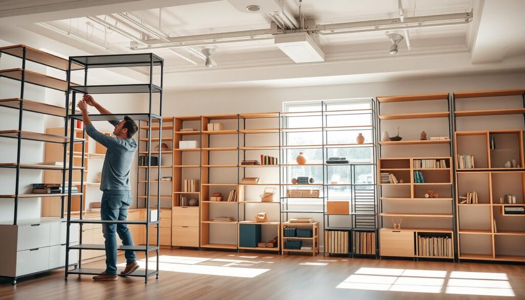 A well-lit, spacious room showcasing a comprehensive range of custom shelving solutions. In the foreground, a skilled technician meticulously installs a sleek, modular shelving unit, seamlessly blending form and function. The middle ground features an array of shelving options, including floating shelves, built-in cabinetry, and adjustable bookshelf systems, each showcasing their versatility and attention to detail. The background depicts a warm, inviting atmosphere, with natural lighting filtering through large windows, highlighting the craftsmanship and versatility of the displayed shelving solutions. The overall scene conveys a sense of professionalism, expertise, and the ability to create tailored storage and organizational systems to meet the unique needs of the client. A well-lit, spacious room showcasing a comprehensive range of custom shelving solutions. In the foreground, a skilled technician meticulously installs a sleek, modular shelving unit, seamlessly blending form and function. The middle ground features an array of shelving options, including floating shelves, built-in cabinetry, and adjustable bookshelf systems, each showcasing their versatility and attention to detail. The background depicts a warm, inviting atmosphere, with natural lighting filtering through large windows, highlighting the craftsmanship and versatility of the displayed shelving solutions. The overall scene conveys a sense of professionalism, expertise, and the ability to create tailored storage and organizational systems to meet the unique needs of the client.