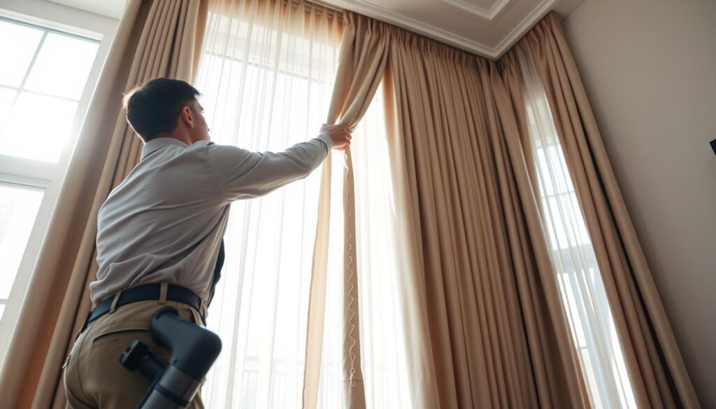 A well-lit, spacious room with elegant curtains being expertly installed by a skilled handyman. The curtains are a luxurious, flowing fabric in a neutral color that complements the room's decor. The handyman, dressed in a professional uniform, carefully measures and hangs the curtains, ensuring a seamless, precise fit. Sunlight streams in through the large windows, creating a warm, inviting atmosphere. The camera angle captures the process from an eye-level perspective, showcasing the attention to detail and craftsmanship involved in providing a complete curtain service. The scene exudes a sense of professionalism, quality, and customer satisfaction. A well-lit, spacious room with elegant curtains being expertly installed by a skilled handyman. The curtains are a luxurious, flowing fabric in a neutral color that complements the room's decor. The handyman, dressed in a professional uniform, carefully measures and hangs the curtains, ensuring a seamless, precise fit. Sunlight streams in through the large windows, creating a warm, inviting atmosphere. The camera angle captures the process from an eye-level perspective, showcasing the attention to detail and craftsmanship involved in providing a complete curtain service. The scene exudes a sense of professionalism, quality, and customer satisfaction.