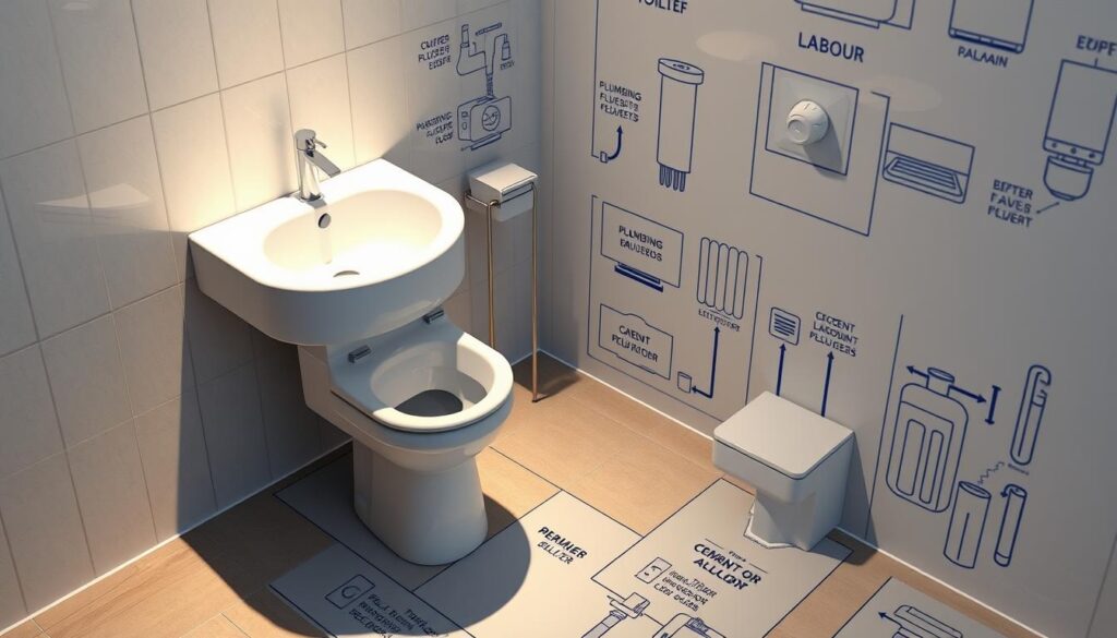 Detailed cost breakdown of toilet installation materials and labour: A blueprint-style image showcasing a cross-section of a toilet, with itemized cost elements for plumbing fixtures, tiles, cement, and labour, all neatly organized in a technical illustration. The scene is lit with neutral, evenly distributed lighting, captured at a slight overhead angle to provide a clear, diagrammatic view. The overall mood is informative and practical, emphasizing the pragmatic aspects of a toilet fitting project. Detailed cost breakdown of toilet installation materials and labour: A blueprint-style image showcasing a cross-section of a toilet, with itemized cost elements for plumbing fixtures, tiles, cement, and labour, all neatly organized in a technical illustration. The scene is lit with neutral, evenly distributed lighting, captured at a slight overhead angle to provide a clear, diagrammatic view. The overall mood is informative and practical, emphasizing the pragmatic aspects of a toilet fitting project.