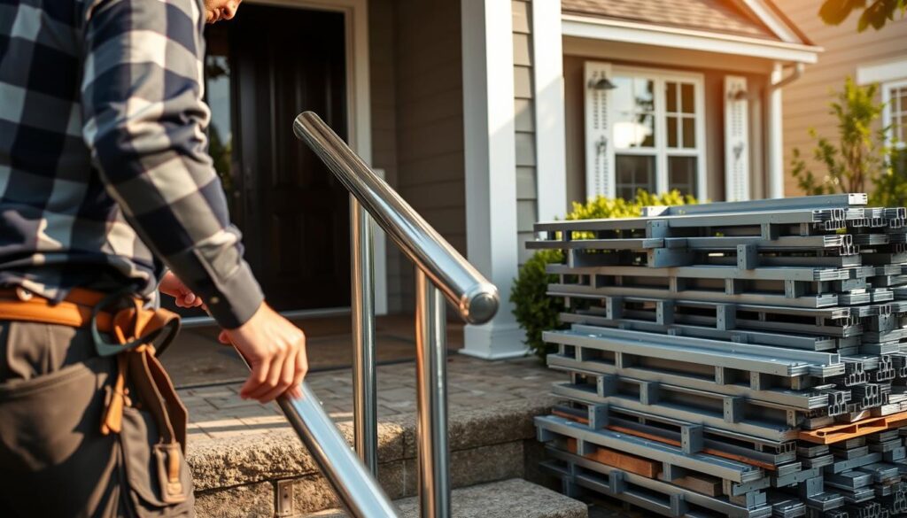 Residential accessibility railings installation: A detailed, well-lit scene showcasing the installation process. In the foreground, a construction worker carefully secures a sturdy, metal handrail to a porch or entryway, ensuring a safe and accessible entry. The middle ground features neatly stacked materials, including metal posts, brackets, and tools, indicating a professional, organized worksite. In the background, a well-maintained suburban home with a welcoming facade sets the scene. The lighting is natural, with soft shadows and highlights accentuating the installation work. The overall tone is one of care, attention to detail, and a commitment to improving accessibility and safety for residents. Residential accessibility railings installation: A detailed, well-lit scene showcasing the installation process. In the foreground, a construction worker carefully secures a sturdy, metal handrail to a porch or entryway, ensuring a safe and accessible entry. The middle ground features neatly stacked materials, including metal posts, brackets, and tools, indicating a professional, organized worksite. In the background, a well-maintained suburban home with a welcoming facade sets the scene. The lighting is natural, with soft shadows and highlights accentuating the installation work. The overall tone is one of care, attention to detail, and a commitment to improving accessibility and safety for residents.