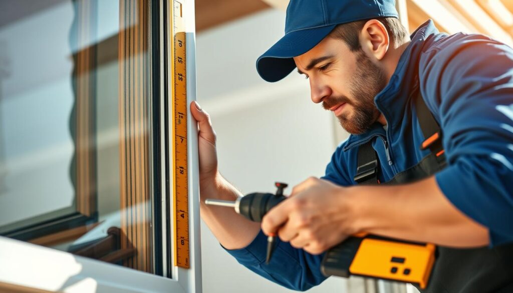 a close-up view of a professional aluminium window installation in progress, with a skilled handyman dressed in a blue uniform carefully measuring and aligning the frame, using a variety of specialized tools and equipment like a level, caulking gun, and power drill. The window is partially installed, showcasing the intricate process of ensuring a precise and secure fit. The scene is well-lit, with warm, natural lighting highlighting the gleaming metallic surfaces and the handyman's focused expression. The background is blurred, keeping the viewer's attention on the intricate details of the window installation. The overall mood is one of expertise, attention to detail, and a commitment to delivering high-quality craftsmanship. a close-up view of a professional aluminium window installation in progress, with a skilled handyman dressed in a blue uniform carefully measuring and aligning the frame, using a variety of specialized tools and equipment like a level, caulking gun, and power drill. The window is partially installed, showcasing the intricate process of ensuring a precise and secure fit. The scene is well-lit, with warm, natural lighting highlighting the gleaming metallic surfaces and the handyman's focused expression. The background is blurred, keeping the viewer's attention on the intricate details of the window installation. The overall mood is one of expertise, attention to detail, and a commitment to delivering high-quality craftsmanship.