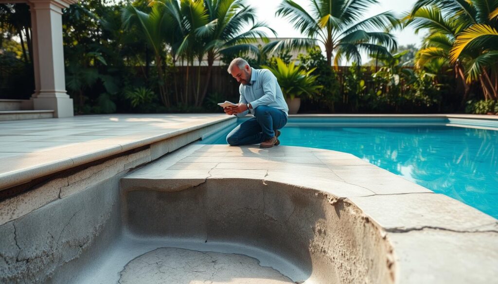 a detailed and realistic assessment of a gunite pool repair, set in a serene outdoor environment. The foreground depicts a partially drained gunite pool, exposing cracks and damage on the concrete surface. A contractor or inspector is kneeling by the pool, closely examining the issues and taking notes. The middle ground shows the surrounding pool deck area, with tiles, pavers or stone, providing context. The background features lush greenery, such as palm trees or other tropical foliage, creating a calming, subtropical atmosphere. The lighting is natural, with soft shadows and highlights accentuating the textures and details. The camera angle is slightly elevated, offering a comprehensive view of the repair assessment process. The overall mood is one of thorough inspection and evaluation, setting the stage for a thoughtful analysis of the gunite pool repair costs. a detailed and realistic assessment of a gunite pool repair, set in a serene outdoor environment. The foreground depicts a partially drained gunite pool, exposing cracks and damage on the concrete surface. A contractor or inspector is kneeling by the pool, closely examining the issues and taking notes. The middle ground shows the surrounding pool deck area, with tiles, pavers or stone, providing context. The background features lush greenery, such as palm trees or other tropical foliage, creating a calming, subtropical atmosphere. The lighting is natural, with soft shadows and highlights accentuating the textures and details. The camera angle is slightly elevated, offering a comprehensive view of the repair assessment process. The overall mood is one of thorough inspection and evaluation, setting the stage for a thoughtful analysis of the gunite pool repair costs.