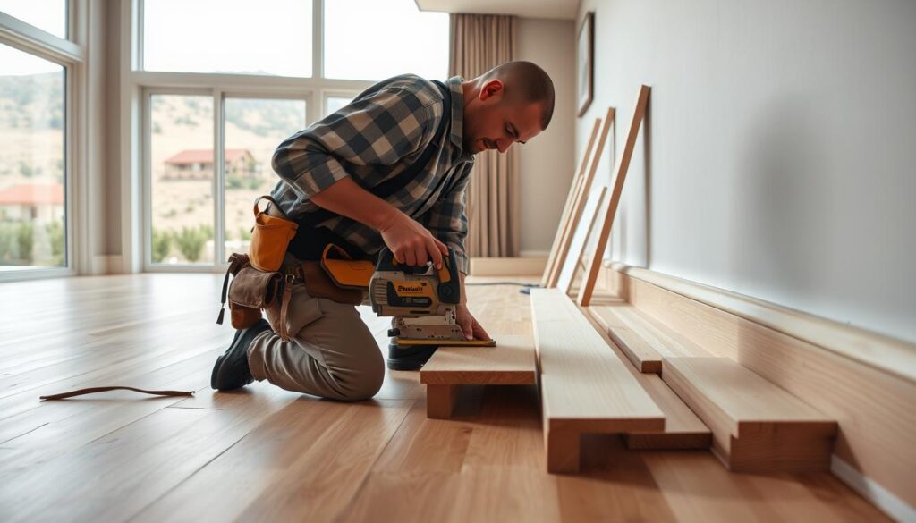a detailed interior scene showing the installation of skirting boards in a modern living room in South Africa. the room has light-colored hardwood floors and neutral-toned walls. in the foreground, a carpenter is kneeling down, carefully measuring and cutting a length of wooden skirting board. he is using a power saw and wearing a tool belt. in the middle ground, several pre-cut skirting boards are leaning against the wall, ready to be installed. the background features large windows overlooking a scenic outdoor landscape. the lighting is soft and natural, creating a warm, inviting atmosphere. the camera angle is slightly low, providing a close-up view of the installation process. a detailed interior scene showing the installation of skirting boards in a modern living room in South Africa. the room has light-colored hardwood floors and neutral-toned walls. in the foreground, a carpenter is kneeling down, carefully measuring and cutting a length of wooden skirting board. he is using a power saw and wearing a tool belt. in the middle ground, several pre-cut skirting boards are leaning against the wall, ready to be installed. the background features large windows overlooking a scenic outdoor landscape. the lighting is soft and natural, creating a warm, inviting atmosphere. the camera angle is slightly low, providing a close-up view of the installation process.