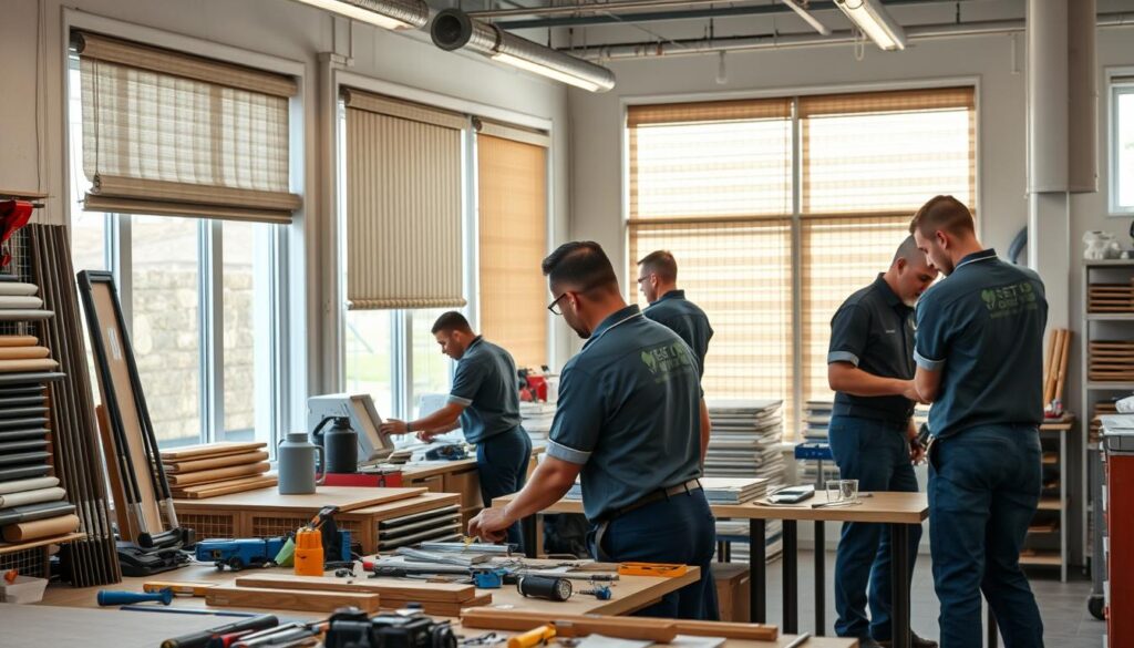 a detailed photo of a comprehensive blind installation service in South Africa, showcasing the process and expertise of the service providers. The image should depict a well-equipped workshop with various types of blinds, tools, and technicians diligently working on installations. The foreground should feature close-up shots of the technicians measuring, cutting, and expertly fitting the blinds, demonstrating their attention to detail and professionalism. The middle ground should showcase a range of blind options, including roller blinds, vertical blinds, and Roman blinds, to represent the comprehensive service offering. The background should depict a modern, well-lit interior space that could be a residential or commercial setting, conveying the versatility and adaptability of the blind installation services. The overall mood should be one of efficiency, expertise, and customer-centric service. a detailed photo of a comprehensive blind installation service in South Africa, showcasing the process and expertise of the service providers. The image should depict a well-equipped workshop with various types of blinds, tools, and technicians diligently working on installations. The foreground should feature close-up shots of the technicians measuring, cutting, and expertly fitting the blinds, demonstrating their attention to detail and professionalism. The middle ground should showcase a range of blind options, including roller blinds, vertical blinds, and Roman blinds, to represent the comprehensive service offering. The background should depict a modern, well-lit interior space that could be a residential or commercial setting, conveying the versatility and adaptability of the blind installation services. The overall mood should be one of efficiency, expertise, and customer-centric service.