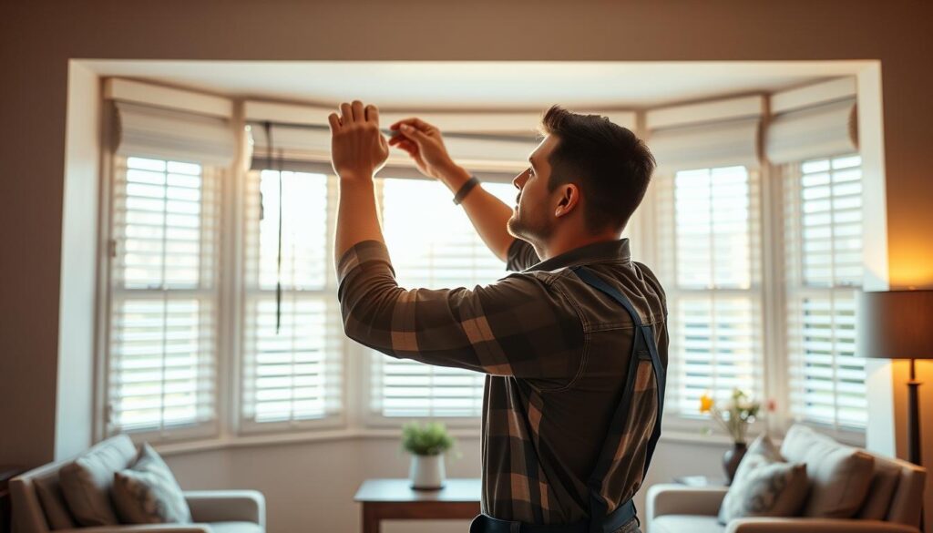 a highly detailed, photorealistic scene of a professional handyman performing a bay window blind installation service, with the bay window prominently featured in the center of the frame. The handyman is carefully measuring and adjusting the blinds, ensuring a perfect fit. The scene is bathed in warm, natural lighting streaming in through the bay window, creating a cozy and inviting atmosphere. The background features a well-appointed living room with tasteful decor, suggesting a high-end residential setting. The image conveys a sense of expertise, attention to detail, and quality workmanship associated with premium bay window blind installation services. a highly detailed, photorealistic scene of a professional handyman performing a bay window blind installation service, with the bay window prominently featured in the center of the frame. The handyman is carefully measuring and adjusting the blinds, ensuring a perfect fit. The scene is bathed in warm, natural lighting streaming in through the bay window, creating a cozy and inviting atmosphere. The background features a well-appointed living room with tasteful decor, suggesting a high-end residential setting. The image conveys a sense of expertise, attention to detail, and quality workmanship associated with premium bay window blind installation services.