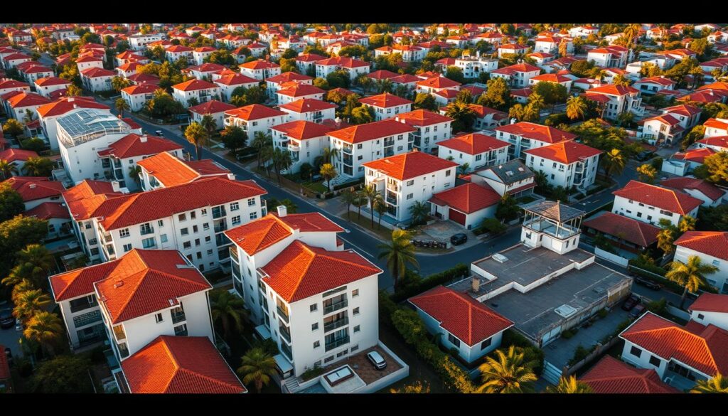 a hyper-realistic, cinematic, wide-angle aerial view of a bustling residential neighborhood in South Africa, showcasing a diverse array of modern and contemporary apartment buildings, townhouses, and single-family homes with red tile roofs, surrounded by lush greenery and palm trees, under a warm, golden-hour lighting with soft shadows, capturing the dynamic growth and vibrancy of the local real estate market, with a focus on the architectural styles, building densities, and overall development trends shaping the suburban landscape a hyper-realistic, cinematic, wide-angle aerial view of a bustling residential neighborhood in South Africa, showcasing a diverse array of modern and contemporary apartment buildings, townhouses, and single-family homes with red tile roofs, surrounded by lush greenery and palm trees, under a warm, golden-hour lighting with soft shadows, capturing the dynamic growth and vibrancy of the local real estate market, with a focus on the architectural styles, building densities, and overall development trends shaping the suburban landscape