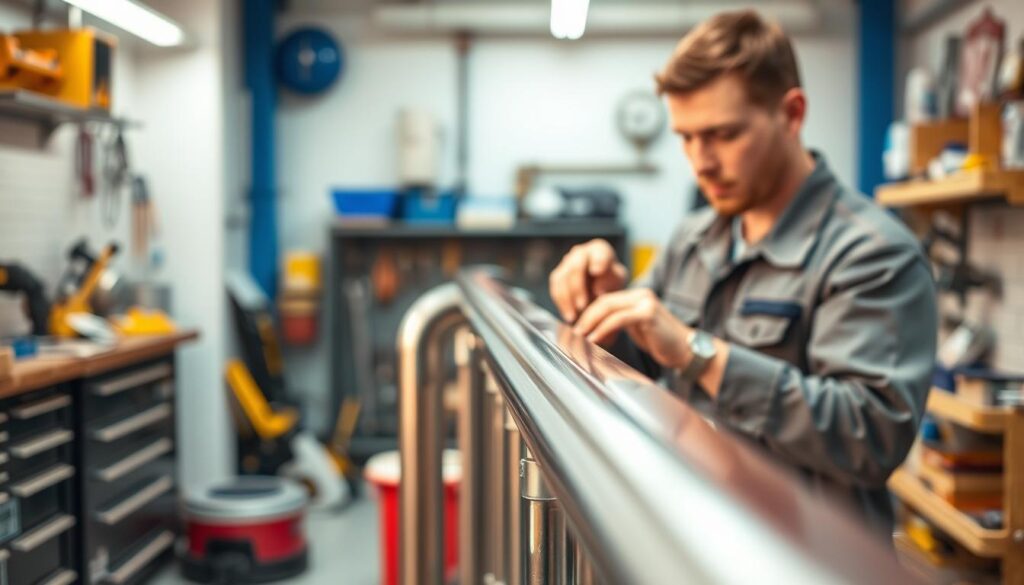 a professional commercial handrail repair service, a well-equipped workshop with tools and supplies, a technician in a uniform inspecting a metal handrail, the handrail in the foreground with a warm, soft lighting, the background blurred showcasing the clean, organized workshop, a sense of expertise and reliable service a professional commercial handrail repair service, a well-equipped workshop with tools and supplies, a technician in a uniform inspecting a metal handrail, the handrail in the foreground with a warm, soft lighting, the background blurred showcasing the clean, organized workshop, a sense of expertise and reliable service