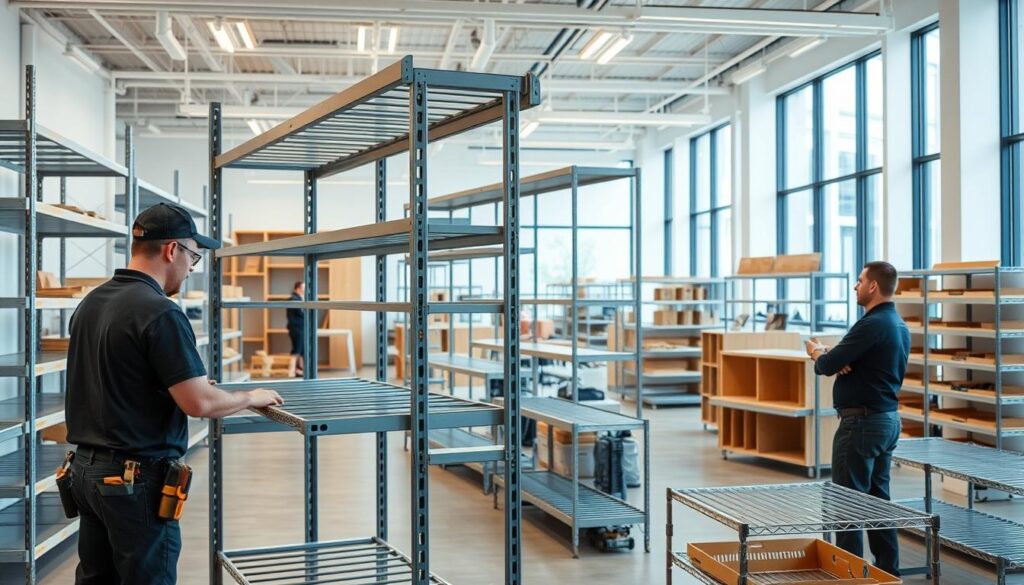 a professional commercial shelving installation service, with a well-stocked showroom displaying a variety of high-quality shelving units in a bright, airy space. The foreground features a team of skilled technicians meticulously assembling a customized shelving system, using precision tools and carefully following the manufacturer's instructions. The middle ground showcases a range of shelving options, including sleek metal, sturdy wooden, and versatile modular designs, all neatly organized and showcased. The background depicts a modern, minimalist office setting, with large windows letting in abundant natural light and creating a sense of openness and professionalism. The overall atmosphere conveys a reliable, efficient, and customer-focused commercial shelving installation service. a professional commercial shelving installation service, with a well-stocked showroom displaying a variety of high-quality shelving units in a bright, airy space. The foreground features a team of skilled technicians meticulously assembling a customized shelving system, using precision tools and carefully following the manufacturer's instructions. The middle ground showcases a range of shelving options, including sleek metal, sturdy wooden, and versatile modular designs, all neatly organized and showcased. The background depicts a modern, minimalist office setting, with large windows letting in abundant natural light and creating a sense of openness and professionalism. The overall atmosphere conveys a reliable, efficient, and customer-focused commercial shelving installation service.