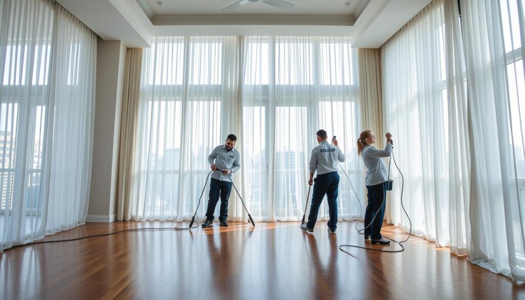 a professional curtain cleaning service, a well-lit and clean interior space, hardwood floors, high ceilings, and large windows dressed with sheer curtains that are being carefully tended to by a team of attentive cleaners dressed in crisp uniforms, using specialized equipment and eco-friendly cleaning solutions, creating a sense of order, attention to detail, and a commitment to maintaining the pristine appearance of the curtains, conveying a feeling of trust, expertise, and a dedication to transforming the space through meticulous curtain care. a professional curtain cleaning service, a well-lit and clean interior space, hardwood floors, high ceilings, and large windows dressed with sheer curtains that are being carefully tended to by a team of attentive cleaners dressed in crisp uniforms, using specialized equipment and eco-friendly cleaning solutions, creating a sense of order, attention to detail, and a commitment to maintaining the pristine appearance of the curtains, conveying a feeling of trust, expertise, and a dedication to transforming the space through meticulous curtain care.