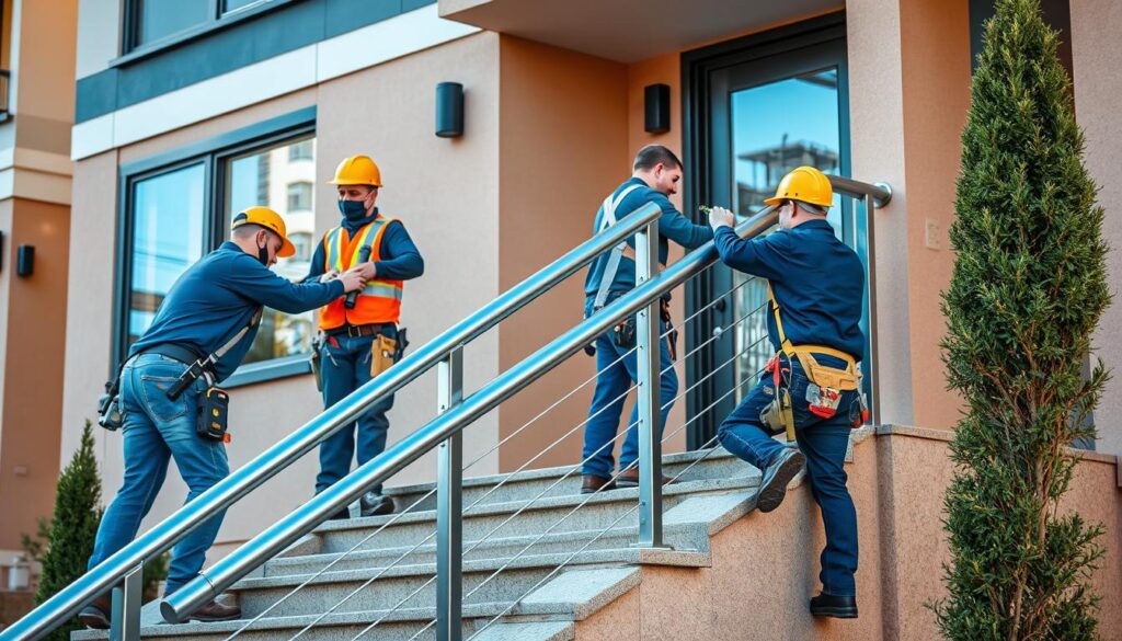 a professional installation crew expertly installing a sturdy metal handrail on the steps of a modern residential building, the workers using specialized tools and safely following safety protocols, a welcoming warm-toned natural lighting creates a friendly and approachable atmosphere, the handrail seamlessly blends with the building's architecture, emphasizing its functional yet aesthetically pleasing design, the scene captures the skilled craftsmanship and attention to detail of a professional handrail installation service a professional installation crew expertly installing a sturdy metal handrail on the steps of a modern residential building, the workers using specialized tools and safely following safety protocols, a welcoming warm-toned natural lighting creates a friendly and approachable atmosphere, the handrail seamlessly blends with the building's architecture, emphasizing its functional yet aesthetically pleasing design, the scene captures the skilled craftsmanship and attention to detail of a professional handrail installation service