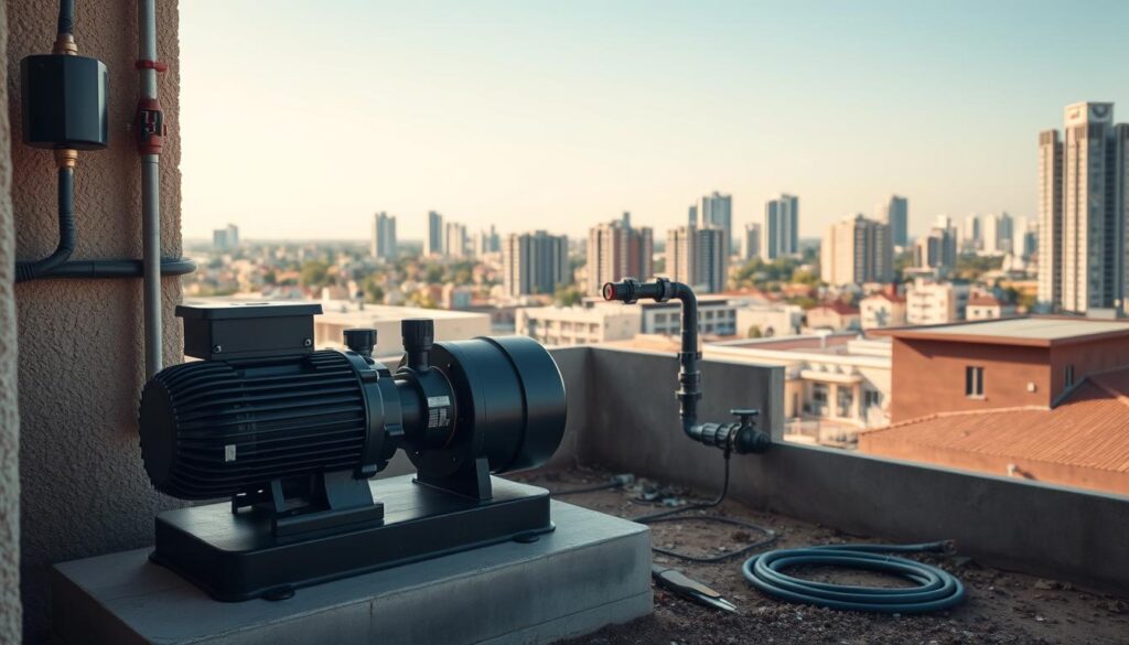 a professional installation of a booster pump in a residential or commercial setting in Johannesburg, South Africa. the pump is shown in the foreground, sitting on a concrete base, with tools and equipment nearby. the middle ground features the surrounding infrastructure, such as piping, valves, and electrical connections. the background depicts a typical urban landscape of Johannesburg, with high-rise buildings and a clear, bright sky. the scene is well-lit, showcasing the technical details of the installation process. the overall mood is one of efficiency, professionalism, and attention to detail, reflecting the high-quality work expected for a booster pump installation in this major South African city. a professional installation of a booster pump in a residential or commercial setting in Johannesburg, South Africa. the pump is shown in the foreground, sitting on a concrete base, with tools and equipment nearby. the middle ground features the surrounding infrastructure, such as piping, valves, and electrical connections. the background depicts a typical urban landscape of Johannesburg, with high-rise buildings and a clear, bright sky. the scene is well-lit, showcasing the technical details of the installation process. the overall mood is one of efficiency, professionalism, and attention to detail, reflecting the high-quality work expected for a booster pump installation in this major South African city.