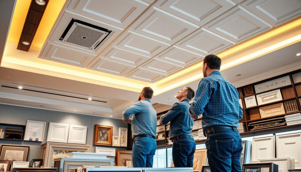 a professional interior design studio with a sophisticated ceiling installation service in Gauteng, South Africa. In the foreground, a team of skilled technicians carefully measure and plan the ceiling layout, showcasing their expertise. The middle ground features a selection of premium ceiling materials, including sleek panels and decorative moldings, conveying the high-quality craftsmanship. In the background, a modern, well-lit showroom displays various ceiling installation options, creating an atmosphere of trust and attention to detail. The lighting is warm and inviting, capturing the professionalism and attention to customer needs that the service is known for. The overall scene exudes a sense of expertise, reliability, and a commitment to delivering exceptional ceiling installation solutions tailored to the Gauteng region. a professional interior design studio with a sophisticated ceiling installation service in Gauteng, South Africa. In the foreground, a team of skilled technicians carefully measure and plan the ceiling layout, showcasing their expertise. The middle ground features a selection of premium ceiling materials, including sleek panels and decorative moldings, conveying the high-quality craftsmanship. In the background, a modern, well-lit showroom displays various ceiling installation options, creating an atmosphere of trust and attention to detail. The lighting is warm and inviting, capturing the professionalism and attention to customer needs that the service is known for. The overall scene exudes a sense of expertise, reliability, and a commitment to delivering exceptional ceiling installation solutions tailored to the Gauteng region.