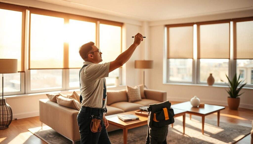 a professional roller shade installation service, showing a skilled technician precisely measuring and installing a high-quality roller shade in a modern, minimalist living room. The scene is bathed in warm, natural lighting streaming through large windows. The technician, dressed in a crisp uniform, works with focused attention, using specialized tools to ensure a perfect, seamless installation. In the background, tasteful decor and furnishings complement the neutral color palette, creating a serene, cohesive atmosphere. The overall impression conveys the expertise, care, and attention to detail that defines a top-tier roller shade installation service. a professional roller shade installation service, showing a skilled technician precisely measuring and installing a high-quality roller shade in a modern, minimalist living room. The scene is bathed in warm, natural lighting streaming through large windows. The technician, dressed in a crisp uniform, works with focused attention, using specialized tools to ensure a perfect, seamless installation. In the background, tasteful decor and furnishings complement the neutral color palette, creating a serene, cohesive atmosphere. The overall impression conveys the expertise, care, and attention to detail that defines a top-tier roller shade installation service.