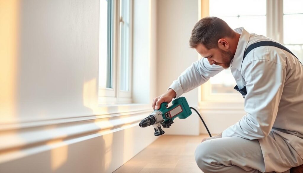 a professional skirting board installation service, with a skilled technician in a white uniform carefully measuring and cutting a wooden skirting board to fit seamlessly into a modern, light-filled room. The worker uses high-quality power tools and applies a smooth, even coat of paint to ensure a flawless finish. The scene is illuminated by warm, natural lighting from large windows, conveying a sense of expertise and attention to detail. The background showcases a clean, minimalist interior design, allowing the skirting board installation process to be the focal point. a professional skirting board installation service, with a skilled technician in a white uniform carefully measuring and cutting a wooden skirting board to fit seamlessly into a modern, light-filled room. The worker uses high-quality power tools and applies a smooth, even coat of paint to ensure a flawless finish. The scene is illuminated by warm, natural lighting from large windows, conveying a sense of expertise and attention to detail. The background showcases a clean, minimalist interior design, allowing the skirting board installation process to be the focal point.