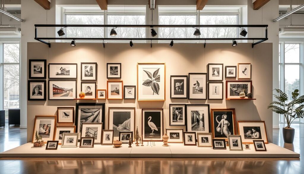 a professional, stylish and well-organized commercial picture hanging display, showcasing a variety of framed artworks, photographs and decorative objects against a sleek, minimalist backdrop. The display is set up in a bright, airy showroom with large windows that allow natural light to filter in, creating a warm and inviting atmosphere. The frames are arranged in a harmonious, symmetrical layout, with consistent spacing and alignment. The picture hanging hardware, such as rails, hooks and cables, are seamlessly integrated into the design, creating a cohesive and visually appealing display. The overall impression is one of sophistication, attention to detail and a deep understanding of commercial picture hanging solutions that cater to the needs of businesses. a professional, stylish and well-organized commercial picture hanging display, showcasing a variety of framed artworks, photographs and decorative objects against a sleek, minimalist backdrop. The display is set up in a bright, airy showroom with large windows that allow natural light to filter in, creating a warm and inviting atmosphere. The frames are arranged in a harmonious, symmetrical layout, with consistent spacing and alignment. The picture hanging hardware, such as rails, hooks and cables, are seamlessly integrated into the design, creating a cohesive and visually appealing display. The overall impression is one of sophistication, attention to detail and a deep understanding of commercial picture hanging solutions that cater to the needs of businesses.