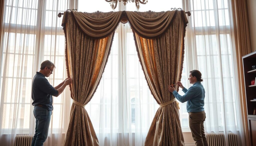 a room interior with large windows, soft natural lighting filtering through sheer curtains, two professional curtain repair experts working carefully on restoring a set of ornate, vintage drapes, using specialized tools and materials, a sense of craftsmanship and attention to detail, the experts are focused on their task, the room has a warm, calming atmosphere a room interior with large windows, soft natural lighting filtering through sheer curtains, two professional curtain repair experts working carefully on restoring a set of ornate, vintage drapes, using specialized tools and materials, a sense of craftsmanship and attention to detail, the experts are focused on their task, the room has a warm, calming atmosphere