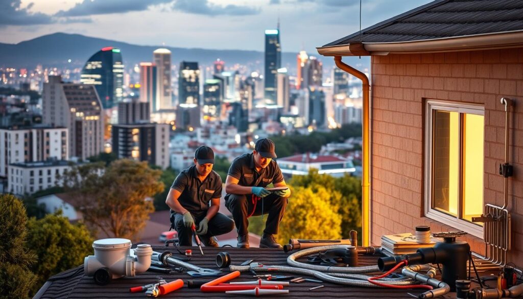 A bustling city skyline in the background, with high-rise buildings and a vibrant urban atmosphere. In the foreground, a team of skilled plumbers in uniform working diligently on a residential home, their tools and equipment laid out neatly. The scene is illuminated by warm, diffused lighting, creating a sense of professionalism and expertise. The plumbers are surrounded by various plumbing fixtures, pipes, and fittings, showcasing the comprehensive nature of their emergency services. The overall composition conveys a sense of reliability, efficiency, and the ability to handle a wide range of plumbing challenges across South Africa. A bustling city skyline in the background, with high-rise buildings and a vibrant urban atmosphere. In the foreground, a team of skilled plumbers in uniform working diligently on a residential home, their tools and equipment laid out neatly. The scene is illuminated by warm, diffused lighting, creating a sense of professionalism and expertise. The plumbers are surrounded by various plumbing fixtures, pipes, and fittings, showcasing the comprehensive nature of their emergency services. The overall composition conveys a sense of reliability, efficiency, and the ability to handle a wide range of plumbing challenges across South Africa.