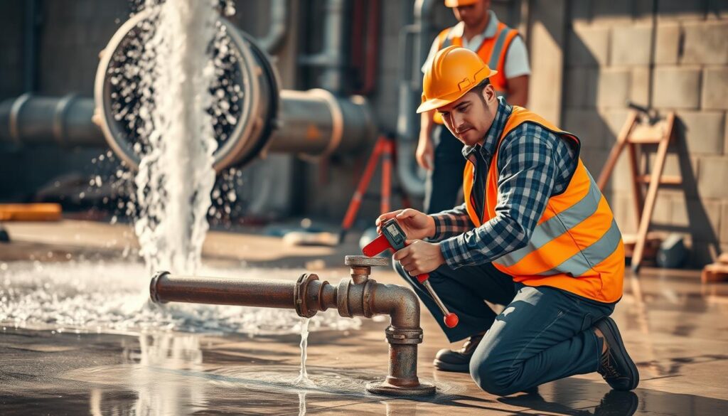 A bustling construction site with a team of skilled plumbers repairing a burst pipe. In the foreground, a plumber in a bright safety vest kneels, wielding a pipe wrench and working intently on the damaged section. Behind them, another plumber stands ready with tools, their face determined as they assess the situation. The background features a half-exposed pipe, water gushing out and pooling on the ground, casting reflections on the wet surface. Warm, directional lighting casts dramatic shadows, heightening the sense of urgency. The scene conveys the professional expertise and swift response required for emergency plumbing repairs, perfectly encapsulating the "Professional Emergency and General Plumbing Repairs Across South Africa" theme. A bustling construction site with a team of skilled plumbers repairing a burst pipe. In the foreground, a plumber in a bright safety vest kneels, wielding a pipe wrench and working intently on the damaged section. Behind them, another plumber stands ready with tools, their face determined as they assess the situation. The background features a half-exposed pipe, water gushing out and pooling on the ground, casting reflections on the wet surface. Warm, directional lighting casts dramatic shadows, heightening the sense of urgency. The scene conveys the professional expertise and swift response required for emergency plumbing repairs, perfectly encapsulating the "Professional Emergency and General Plumbing Repairs Across South Africa" theme.