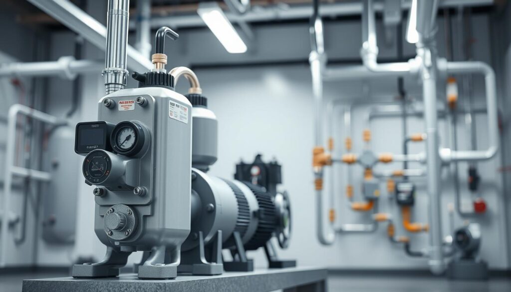 A detailed, high-resolution image of a water pressure booster pump installation in a well-lit, professional setting. The foreground features the booster pump itself, showcasing its various components and controls. The middle ground displays the pump's housing and surrounding pipes, valves, and fittings, all meticulously rendered. The background gently fades into a clean, industrial environment, providing context and scale. The lighting is carefully balanced, creating depth and highlighting the technical details. The overall composition conveys a sense of efficiency, reliability, and expert craftsmanship, suitable for illustrating effective water pressure solutions. A detailed, high-resolution image of a water pressure booster pump installation in a well-lit, professional setting. The foreground features the booster pump itself, showcasing its various components and controls. The middle ground displays the pump's housing and surrounding pipes, valves, and fittings, all meticulously rendered. The background gently fades into a clean, industrial environment, providing context and scale. The lighting is carefully balanced, creating depth and highlighting the technical details. The overall composition conveys a sense of efficiency, reliability, and expert craftsmanship, suitable for illustrating effective water pressure solutions.