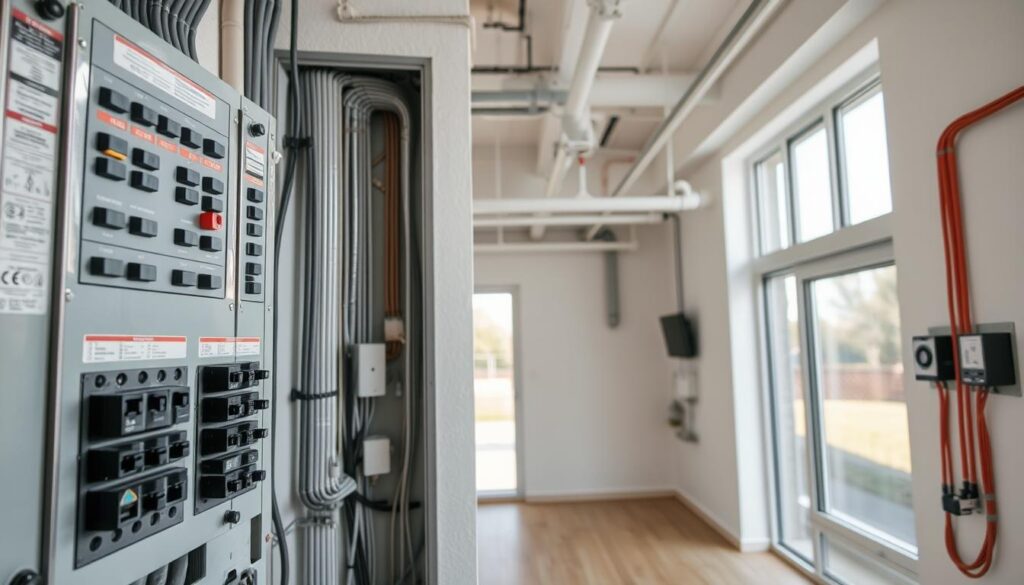 A detailed interior view of a modern residential electrical panel and electrical installations. The foreground showcases a well-organized electrical panel with neatly labeled circuit breakers, surge protectors, and other electrical components. The middle ground features exposed wiring, conduits, and junction boxes, demonstrating the intricate network of electrical infrastructure within the walls. The background reveals a clean, well-lit room with ample natural lighting from large windows, creating a bright and airy atmosphere. The image conveys a sense of professionalism, efficiency, and attention to detail in the electrical systems of a South African property. A detailed interior view of a modern residential electrical panel and electrical installations. The foreground showcases a well-organized electrical panel with neatly labeled circuit breakers, surge protectors, and other electrical components. The middle ground features exposed wiring, conduits, and junction boxes, demonstrating the intricate network of electrical infrastructure within the walls. The background reveals a clean, well-lit room with ample natural lighting from large windows, creating a bright and airy atmosphere. The image conveys a sense of professionalism, efficiency, and attention to detail in the electrical systems of a South African property.