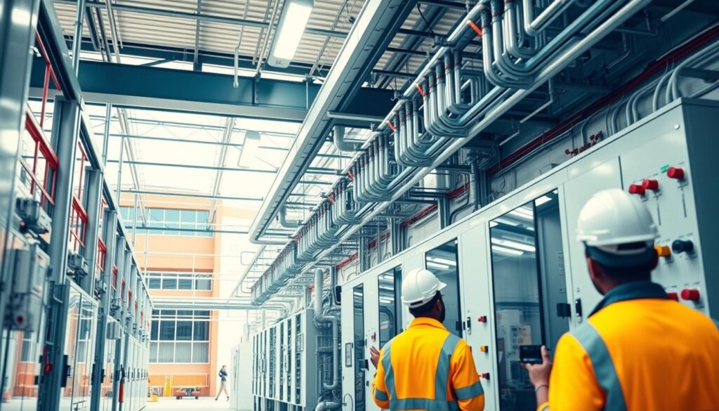 A high-quality commercial electrical installation in South Africa, featuring a modern industrial facility with various electrical components and equipment. The scene is well-lit, showcasing the clean and organized workspace. In the foreground, skilled technicians inspect and maintain the electrical systems, ensuring optimal performance and safety. The middle ground highlights the intricate wiring, distribution boards, and control panels, all designed to power the bustling commercial operations. In the background, the building's exterior reflects the architectural style common in South Africa, with a blend of modern and traditional elements. The overall atmosphere conveys a sense of professionalism, efficiency, and attention to detail, representative of the expert commercial electrical services offered across the country. A high-quality commercial electrical installation in South Africa, featuring a modern industrial facility with various electrical components and equipment. The scene is well-lit, showcasing the clean and organized workspace. In the foreground, skilled technicians inspect and maintain the electrical systems, ensuring optimal performance and safety. The middle ground highlights the intricate wiring, distribution boards, and control panels, all designed to power the bustling commercial operations. In the background, the building's exterior reflects the architectural style common in South Africa, with a blend of modern and traditional elements. The overall atmosphere conveys a sense of professionalism, efficiency, and attention to detail, representative of the expert commercial electrical services offered across the country.