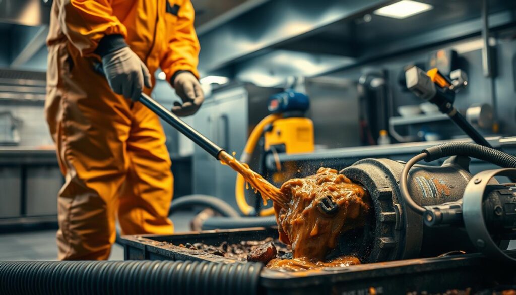 A meticulously detailed view of a professional grease trap maintenance service in action. In the foreground, a technician in a hazmat suit expertly removes a clogged grease trap, the contents spilling into a specialized containment vessel. The middle ground features various tools of the trade - high-powered suction hoses, hydrojet cleaners, and an array of specialized equipment. In the background, the interior of a commercial kitchen is visible, showcasing the importance of regular grease trap maintenance to prevent costly blockages and environmental damage. Warm, directional lighting illuminates the scene, creating a sense of urgency and professionalism. The composition is shot from a slightly elevated angle, providing a comprehensive overview of the grease trap servicing process. A meticulously detailed view of a professional grease trap maintenance service in action. In the foreground, a technician in a hazmat suit expertly removes a clogged grease trap, the contents spilling into a specialized containment vessel. The middle ground features various tools of the trade - high-powered suction hoses, hydrojet cleaners, and an array of specialized equipment. In the background, the interior of a commercial kitchen is visible, showcasing the importance of regular grease trap maintenance to prevent costly blockages and environmental damage. Warm, directional lighting illuminates the scene, creating a sense of urgency and professionalism. The composition is shot from a slightly elevated angle, providing a comprehensive overview of the grease trap servicing process.