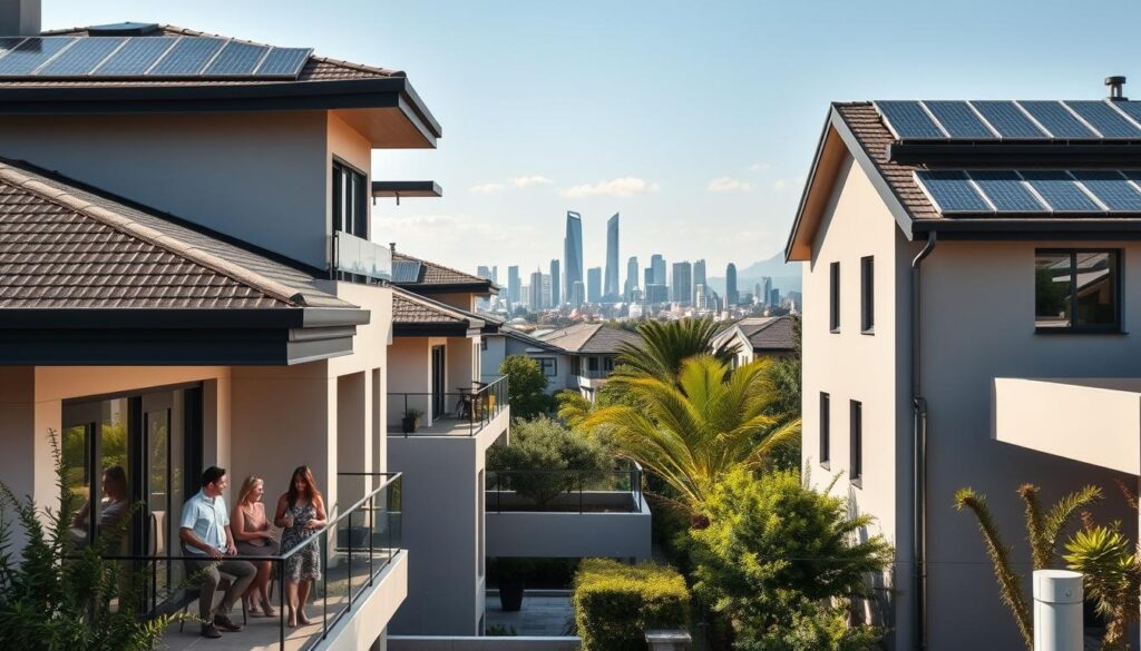 A modern, sun-drenched residential neighborhood in South Africa, with solar panels adorning the rooftops of sleek, contemporary homes. In the foreground, a family relaxes on their balcony, basking in the warm glow of renewable energy powering their property. The middle ground features a lush, well-manicured garden, complementing the architectural design. In the background, the iconic skyline of Johannesburg or Pretoria stands tall, a testament to the city's embrace of sustainable energy solutions. The image conveys a sense of progress, efficiency, and environmental consciousness, showcasing how solar power is revolutionizing the South African real estate landscape. A modern, sun-drenched residential neighborhood in South Africa, with solar panels adorning the rooftops of sleek, contemporary homes. In the foreground, a family relaxes on their balcony, basking in the warm glow of renewable energy powering their property. The middle ground features a lush, well-manicured garden, complementing the architectural design. In the background, the iconic skyline of Johannesburg or Pretoria stands tall, a testament to the city's embrace of sustainable energy solutions. The image conveys a sense of progress, efficiency, and environmental consciousness, showcasing how solar power is revolutionizing the South African real estate landscape.