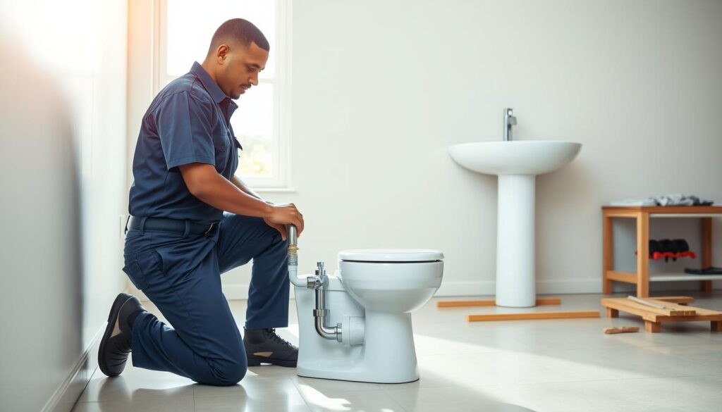A plumber in a crisp, navy-blue uniform kneels beside a sparkling white toilet, skillfully connecting the water supply and drainage pipes. The work area is well-lit, with natural light streaming in through large windows, casting a warm glow over the scene. In the background, a sleek, modern sink stands ready to be installed, its chrome fittings gleaming. The room is spacious, with pale-colored walls and a tiled floor, reflecting the sophisticated South African aesthetic. The plumber's tools are neatly organized on a nearby workbench, indicating his expertise and attention to detail. The overall atmosphere conveys a sense of professionalism and efficiency, capturing the essence of a comprehensive plumbing service that covers Johannesburg, Pretoria, Gauteng, and the rest of South Africa. A plumber in a crisp, navy-blue uniform kneels beside a sparkling white toilet, skillfully connecting the water supply and drainage pipes. The work area is well-lit, with natural light streaming in through large windows, casting a warm glow over the scene. In the background, a sleek, modern sink stands ready to be installed, its chrome fittings gleaming. The room is spacious, with pale-colored walls and a tiled floor, reflecting the sophisticated South African aesthetic. The plumber's tools are neatly organized on a nearby workbench, indicating his expertise and attention to detail. The overall atmosphere conveys a sense of professionalism and efficiency, capturing the essence of a comprehensive plumbing service that covers Johannesburg, Pretoria, Gauteng, and the rest of South Africa.