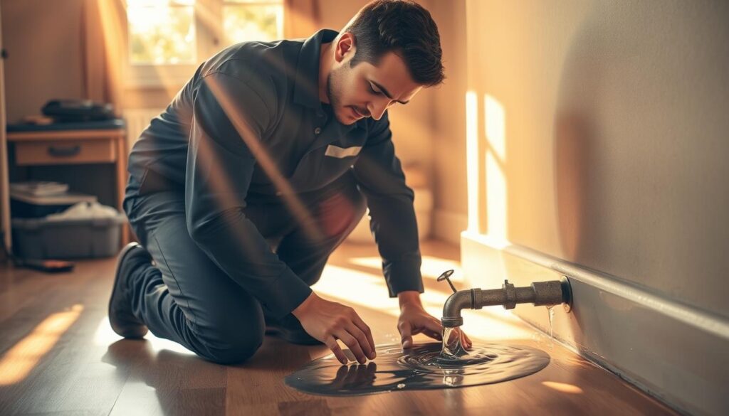 A plumber in a navy blue uniform kneeling on a wooden floor, intently inspecting a burst pipe spilling water. Rays of warm, golden light stream in through a nearby window, casting dramatic shadows. In the background, a cluttered toolbox and a mop bucket suggest the urgency of the situation. The plumber's expression conveys a sense of focused determination to quickly and efficiently resolve the emergency plumbing disaster. The entire scene is bathed in a soothing, earthy color palette that evokes a sense of trust and reliability in the professional's ability to provide a 24/7 emergency repair service. A plumber in a navy blue uniform kneeling on a wooden floor, intently inspecting a burst pipe spilling water. Rays of warm, golden light stream in through a nearby window, casting dramatic shadows. In the background, a cluttered toolbox and a mop bucket suggest the urgency of the situation. The plumber's expression conveys a sense of focused determination to quickly and efficiently resolve the emergency plumbing disaster. The entire scene is bathed in a soothing, earthy color palette that evokes a sense of trust and reliability in the professional's ability to provide a 24/7 emergency repair service.