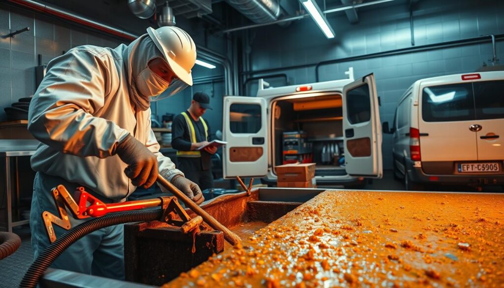 A professional commercial grease trap cleaning service in action. The scene depicts a team of skilled technicians methodically cleaning and maintaining a large grease trap system in an industrial kitchen setting. The foreground shows a worker in a protective suit using specialized tools and equipment to safely extract and dispose of the accumulated grease and debris. In the middle ground, another worker is monitoring the process and recording data. The background reveals the orderly workspace, with neatly organized supplies and a well-equipped service van visible through an open doorway, conveying a sense of expertise and professionalism. Warm, directional lighting from overhead fixtures casts shadows and highlights the intricate details of the cleaning process, creating a visually compelling and technically accurate representation of this vital commercial service. A professional commercial grease trap cleaning service in action. The scene depicts a team of skilled technicians methodically cleaning and maintaining a large grease trap system in an industrial kitchen setting. The foreground shows a worker in a protective suit using specialized tools and equipment to safely extract and dispose of the accumulated grease and debris. In the middle ground, another worker is monitoring the process and recording data. The background reveals the orderly workspace, with neatly organized supplies and a well-equipped service van visible through an open doorway, conveying a sense of expertise and professionalism. Warm, directional lighting from overhead fixtures casts shadows and highlights the intricate details of the cleaning process, creating a visually compelling and technically accurate representation of this vital commercial service.