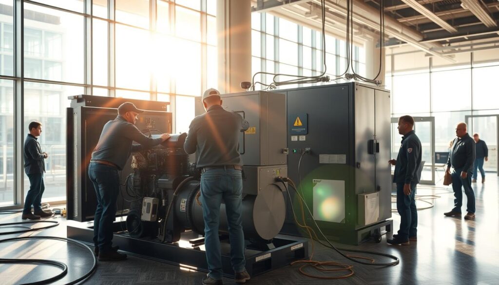 A professional installation crew working diligently to set up a reliable backup power system in a modern commercial building. Sunlight streams through large windows, casting warm, natural lighting across the scene. Technicians carefully connect industrial-grade generators and uninterruptible power supplies, ensuring uninterrupted electricity for critical operations. The foreground showcases the meticulous attention to detail, with cables neatly routed and equipment meticulously positioned. In the middle ground, the team collaborates seamlessly, utilizing specialized tools and equipment. The background reveals the expansive interior of the building, conveying a sense of scale and the importance of the installation. An atmosphere of professionalism, expertise, and dedication permeates the entire image. A professional installation crew working diligently to set up a reliable backup power system in a modern commercial building. Sunlight streams through large windows, casting warm, natural lighting across the scene. Technicians carefully connect industrial-grade generators and uninterruptible power supplies, ensuring uninterrupted electricity for critical operations. The foreground showcases the meticulous attention to detail, with cables neatly routed and equipment meticulously positioned. In the middle ground, the team collaborates seamlessly, utilizing specialized tools and equipment. The background reveals the expansive interior of the building, conveying a sense of scale and the importance of the installation. An atmosphere of professionalism, expertise, and dedication permeates the entire image.