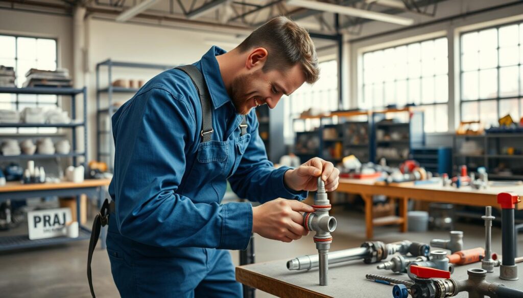 A professional plumbing installation service set in a well-equipped workshop. In the foreground, a skilled plumber in a blue jumpsuit and toolbelt meticulously fits pipes together, his hands showcasing years of experience. In the middle ground, an array of plumbing fixtures and tools are neatly organized on workbenches, conveying a sense of expertise and preparedness. The background features a bright, airy space with large windows allowing natural light to flood in, creating a clean, modern atmosphere. Subtle industrial elements like metal shelving and concrete floors contribute to the overall professional vibe. The scene emanates a combination of technical precision, attention to detail, and a commitment to quality workmanship. A professional plumbing installation service set in a well-equipped workshop. In the foreground, a skilled plumber in a blue jumpsuit and toolbelt meticulously fits pipes together, his hands showcasing years of experience. In the middle ground, an array of plumbing fixtures and tools are neatly organized on workbenches, conveying a sense of expertise and preparedness. The background features a bright, airy space with large windows allowing natural light to flood in, creating a clean, modern atmosphere. Subtle industrial elements like metal shelving and concrete floors contribute to the overall professional vibe. The scene emanates a combination of technical precision, attention to detail, and a commitment to quality workmanship.