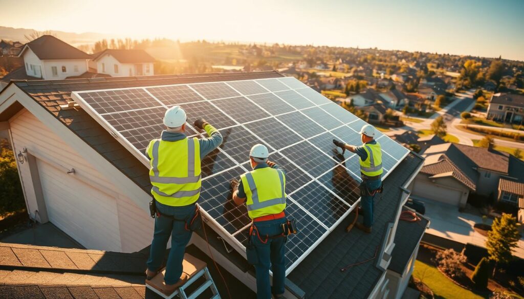A professional solar installation service, showcasing a team of skilled technicians meticulously installing a state-of-the-art photovoltaic system on a modern suburban home. The scene is bathed in warm, golden sunlight, casting long shadows and highlighting the intricate details of the installation process. The workers, in their uniform safety gear, are captured in various stages of the project, carefully aligning the solar panels, securing the mounting structures, and connecting the wiring to the home's electrical system. The background features a picturesque neighborhood, with lush greenery and well-manicured landscapes, conveying a sense of environmental harmony and sustainability. The overall composition exudes a sense of professionalism, efficiency, and a commitment to renewable energy solutions. A professional solar installation service, showcasing a team of skilled technicians meticulously installing a state-of-the-art photovoltaic system on a modern suburban home. The scene is bathed in warm, golden sunlight, casting long shadows and highlighting the intricate details of the installation process. The workers, in their uniform safety gear, are captured in various stages of the project, carefully aligning the solar panels, securing the mounting structures, and connecting the wiring to the home's electrical system. The background features a picturesque neighborhood, with lush greenery and well-manicured landscapes, conveying a sense of environmental harmony and sustainability. The overall composition exudes a sense of professionalism, efficiency, and a commitment to renewable energy solutions.