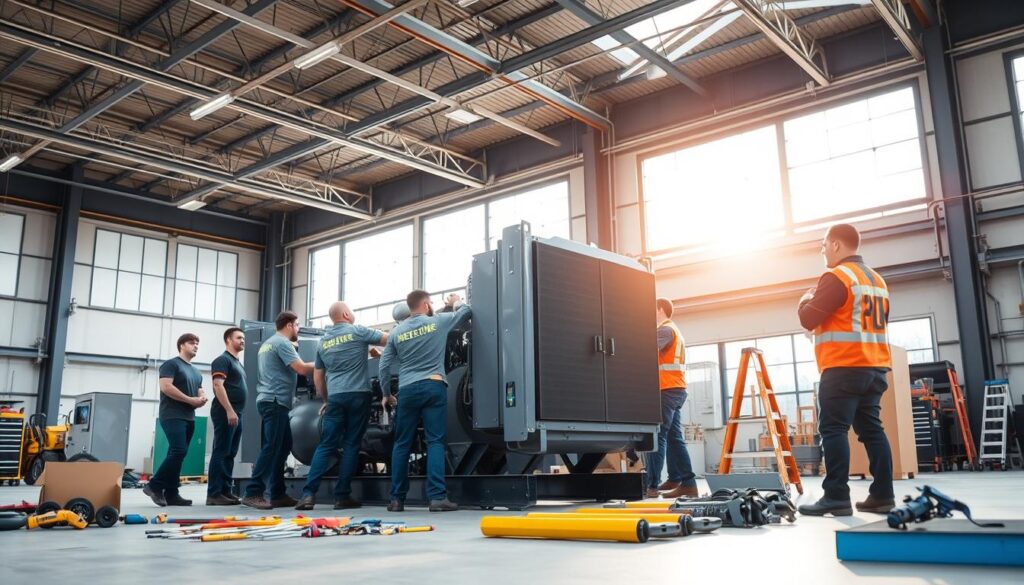 A professional team of skilled technicians performing a generator installation service. In the foreground, a group of workers carefully positioning a large industrial generator unit, their expressions focused and their movements coordinated. In the middle ground, tools and equipment are neatly organized, indicating a well-planned and efficient workflow. The background showcases the interior of a commercial or industrial facility, with high ceilings, exposed beams, and ample natural lighting streaming in through large windows, creating a bright and professional atmosphere. The overall scene conveys a sense of expertise, attention to detail, and a commitment to providing high-quality generator installation services. A professional team of skilled technicians performing a generator installation service. In the foreground, a group of workers carefully positioning a large industrial generator unit, their expressions focused and their movements coordinated. In the middle ground, tools and equipment are neatly organized, indicating a well-planned and efficient workflow. The background showcases the interior of a commercial or industrial facility, with high ceilings, exposed beams, and ample natural lighting streaming in through large windows, creating a bright and professional atmosphere. The overall scene conveys a sense of expertise, attention to detail, and a commitment to providing high-quality generator installation services.