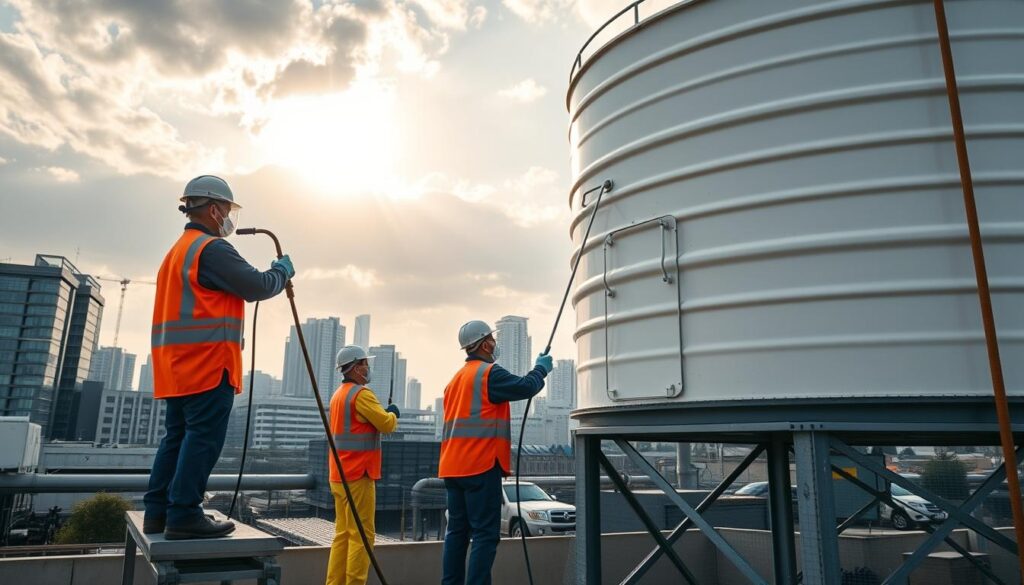 A professional water tank cleaning crew in high-visibility uniforms, working diligently to scrub and disinfect a large commercial water storage tank. The scene is set against a backdrop of a modern urban skyline, with sunlight filtering through the clouds, casting a warm, productive glow over the scene. The tank is elevated on a sturdy metal frame, and the workers are using specialized tools and brushes to reach every nook and cranny, ensuring the water supply is clean and safe. The mood is one of diligence, expertise, and a commitment to public health and safety. A professional water tank cleaning crew in high-visibility uniforms, working diligently to scrub and disinfect a large commercial water storage tank. The scene is set against a backdrop of a modern urban skyline, with sunlight filtering through the clouds, casting a warm, productive glow over the scene. The tank is elevated on a sturdy metal frame, and the workers are using specialized tools and brushes to reach every nook and cranny, ensuring the water supply is clean and safe. The mood is one of diligence, expertise, and a commitment to public health and safety.