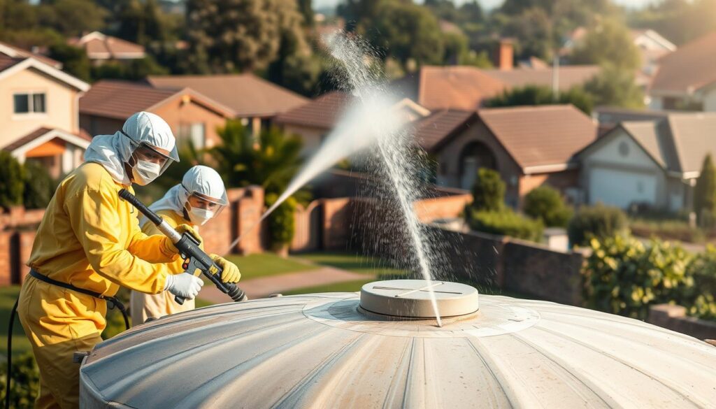 A professional water tank cleaning service in action, set against the backdrop of a residential neighborhood in South Africa. In the foreground, a team of cleaners in protective gear meticulously scrubbing the interior of a large Jojo water tank, ensuring it is spotless and sanitary. In the middle ground, a high-powered hose sprays water, rinsing away debris. The background features well-maintained homes and lush greenery, conveying a sense of community and care. Soft, natural lighting filters through, creating a warm, professional atmosphere. The overall scene exudes expertise, diligence, and a commitment to providing top-quality water tank cleaning services throughout Johannesburg, Pretoria, Gauteng, and the rest of South Africa. A professional water tank cleaning service in action, set against the backdrop of a residential neighborhood in South Africa. In the foreground, a team of cleaners in protective gear meticulously scrubbing the interior of a large Jojo water tank, ensuring it is spotless and sanitary. In the middle ground, a high-powered hose sprays water, rinsing away debris. The background features well-maintained homes and lush greenery, conveying a sense of community and care. Soft, natural lighting filters through, creating a warm, professional atmosphere. The overall scene exudes expertise, diligence, and a commitment to providing top-quality water tank cleaning services throughout Johannesburg, Pretoria, Gauteng, and the rest of South Africa.