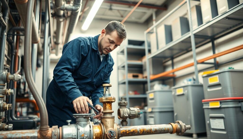 A skilled industrial plumbing specialist, clad in a navy blue jumpsuit, stands amid a complex network of pipes, valves, and fittings. Bent over a section of corroded piping, the worker intently examines the problem, tools in hand, ready to diagnose and resolve the issue. Overhead, a warm, focused lighting casts a soft glow, illuminating the industrious scene. In the background, a backdrop of steel industrial shelving and metal storage containers suggests a well-equipped, functional workspace dedicated to specialized plumbing services. The overall atmosphere conveys a sense of expertise, diligence, and the ability to tackle complex plumbing challenges in a commercial or industrial setting. A skilled industrial plumbing specialist, clad in a navy blue jumpsuit, stands amid a complex network of pipes, valves, and fittings. Bent over a section of corroded piping, the worker intently examines the problem, tools in hand, ready to diagnose and resolve the issue. Overhead, a warm, focused lighting casts a soft glow, illuminating the industrious scene. In the background, a backdrop of steel industrial shelving and metal storage containers suggests a well-equipped, functional workspace dedicated to specialized plumbing services. The overall atmosphere conveys a sense of expertise, diligence, and the ability to tackle complex plumbing challenges in a commercial or industrial setting.