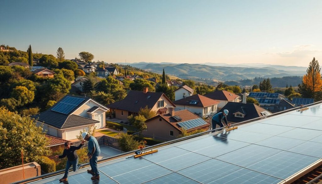 A solar-powered residential neighborhood nestled amidst lush greenery, with an array of well-designed solar panel installations adorning the rooftops. The scene is bathed in warm, golden sunlight, casting soft shadows and highlighting the sleek, modern architecture. In the foreground, a team of skilled technicians diligently working on a state-of-the-art solar panel system, meticulously aligning the panels and connecting the intricate electrical components. The middle ground showcases a mix of traditional and contemporary homes, each with its own unique solar power setup, seamlessly integrated into the overall aesthetic. In the background, a breathtaking vista of rolling hills and a cloudless sky, emphasizing the sustainable and eco-friendly nature of the solar power solution. A solar-powered residential neighborhood nestled amidst lush greenery, with an array of well-designed solar panel installations adorning the rooftops. The scene is bathed in warm, golden sunlight, casting soft shadows and highlighting the sleek, modern architecture. In the foreground, a team of skilled technicians diligently working on a state-of-the-art solar panel system, meticulously aligning the panels and connecting the intricate electrical components. The middle ground showcases a mix of traditional and contemporary homes, each with its own unique solar power setup, seamlessly integrated into the overall aesthetic. In the background, a breathtaking vista of rolling hills and a cloudless sky, emphasizing the sustainable and eco-friendly nature of the solar power solution.