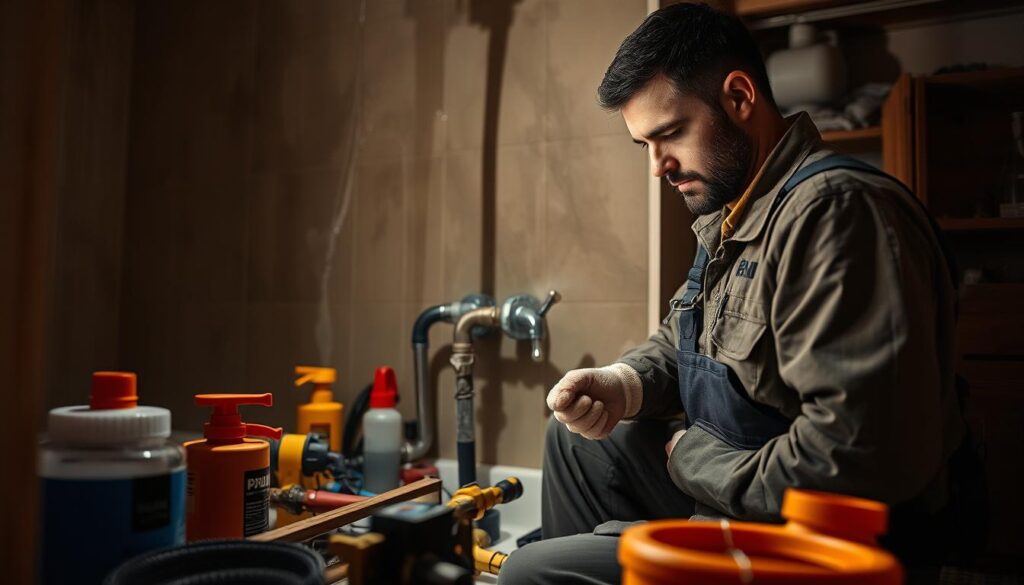 A well-equipped plumber performing emergency repairs on a burst pipe, surrounded by various plumbing tools and supplies. The scene is set in a dimly lit residential bathroom, with warm lighting casting dramatic shadows. The plumber is intently focused, wearing a tool belt and safety gear. In the background, water damage is visible on the walls, conveying the urgency of the situation. The overall atmosphere suggests reliability, expertise, and a swift, effective response to a critical plumbing emergency. A well-equipped plumber performing emergency repairs on a burst pipe, surrounded by various plumbing tools and supplies. The scene is set in a dimly lit residential bathroom, with warm lighting casting dramatic shadows. The plumber is intently focused, wearing a tool belt and safety gear. In the background, water damage is visible on the walls, conveying the urgency of the situation. The overall atmosphere suggests reliability, expertise, and a swift, effective response to a critical plumbing emergency.