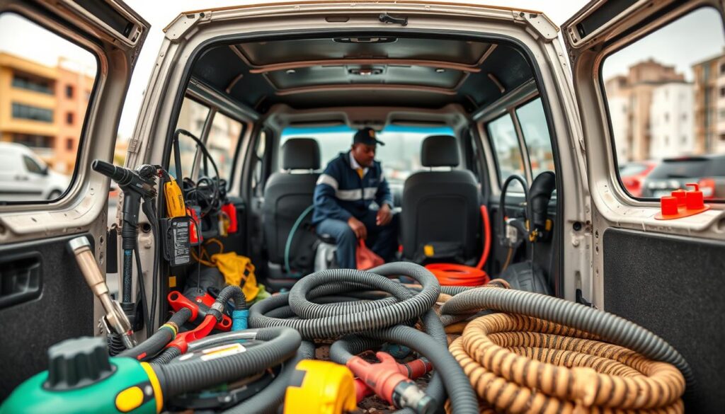 A well-equipped professional drain cleaning and unblocking service van, its side panel prominently displaying the company's logo and services. In the foreground, a variety of specialized tools and equipment, including high-pressure water jets, plumbing snakes, and safety gear, are neatly arranged. The middle ground showcases the van's interior, with a technician preparing to embark on a job, while the background depicts a bustling urban landscape, suggesting the widespread demand for such services across South Africa. The scene is captured with a crisp, documentary-style photography, conveying a sense of efficiency, expertise, and the importance of maintaining proper drainage infrastructure. A well-equipped professional drain cleaning and unblocking service van, its side panel prominently displaying the company's logo and services. In the foreground, a variety of specialized tools and equipment, including high-pressure water jets, plumbing snakes, and safety gear, are neatly arranged. The middle ground showcases the van's interior, with a technician preparing to embark on a job, while the background depicts a bustling urban landscape, suggesting the widespread demand for such services across South Africa. The scene is captured with a crisp, documentary-style photography, conveying a sense of efficiency, expertise, and the importance of maintaining proper drainage infrastructure.