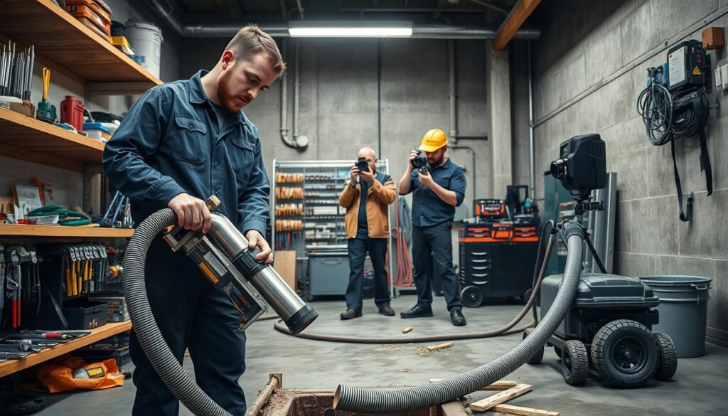A well-lit commercial drainage and plumbing service workshop. In the foreground, a technician in a uniform is using a high-powered drain cleaning machine to clear a blocked pipe, the hose snaking down into the drain. Behind them, rows of specialized tools and equipment line the shelves. In the middle ground, another technician is inspecting a sewer inspection camera, preparing to investigate a underground blockage. The background shows the workshop's industrial concrete floor and walls, conveying a sense of efficiency and professionalism. The lighting is bright and directional, creating clean shadows and highlighting the details of the scene. A well-lit commercial drainage and plumbing service workshop. In the foreground, a technician in a uniform is using a high-powered drain cleaning machine to clear a blocked pipe, the hose snaking down into the drain. Behind them, rows of specialized tools and equipment line the shelves. In the middle ground, another technician is inspecting a sewer inspection camera, preparing to investigate a underground blockage. The background shows the workshop's industrial concrete floor and walls, conveying a sense of efficiency and professionalism. The lighting is bright and directional, creating clean shadows and highlighting the details of the scene.
