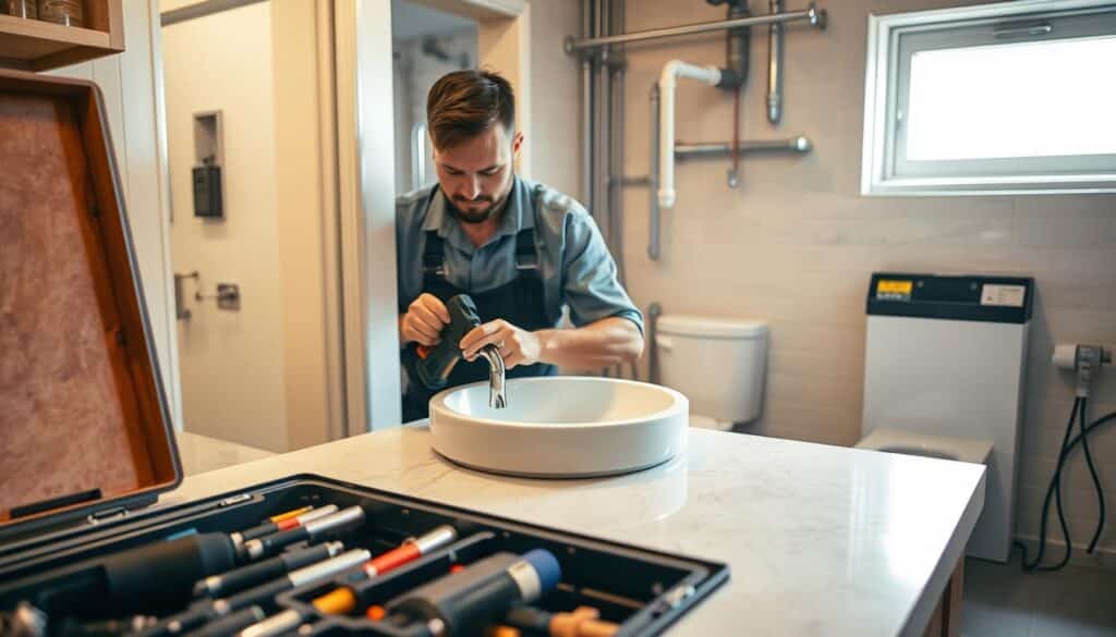 A well-lit, detailed interior scene of a professional plumbing installation service. In the foreground, a skilled plumber in a uniform is carefully fitting a new sink basin into a countertop, using precision tools. In the middle ground, the plumber's tool chest is open, displaying an array of specialized plumbing equipment. The background shows the rest of the bathroom, with a partially installed toilet and piping along the walls, conveying a sense of the plumber's expertise and the high-quality work being performed. The lighting is warm and inviting, creating a sense of professionalism and competence. A well-lit, detailed interior scene of a professional plumbing installation service. In the foreground, a skilled plumber in a uniform is carefully fitting a new sink basin into a countertop, using precision tools. In the middle ground, the plumber's tool chest is open, displaying an array of specialized plumbing equipment. The background shows the rest of the bathroom, with a partially installed toilet and piping along the walls, conveying a sense of the plumber's expertise and the high-quality work being performed. The lighting is warm and inviting, creating a sense of professionalism and competence.