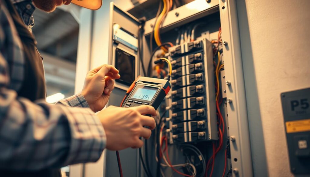 A well-lit, high-angle view of an electrical safety inspection scene, showcasing a professional electrician meticulously examining a fuse box with a voltmeter. The foreground features the electrician's hands and tools, while the middle ground shows the intricate wiring and circuitry of the electrical panel. The background depicts a modern commercial or industrial interior, emphasizing the importance of code compliance and safety in electrical installations. The lighting is warm and evenly distributed, creating a sense of professionalism and attention to detail. The overall atmosphere conveys a technical, yet reassuring, approach to electrical services. A well-lit, high-angle view of an electrical safety inspection scene, showcasing a professional electrician meticulously examining a fuse box with a voltmeter. The foreground features the electrician's hands and tools, while the middle ground shows the intricate wiring and circuitry of the electrical panel. The background depicts a modern commercial or industrial interior, emphasizing the importance of code compliance and safety in electrical installations. The lighting is warm and evenly distributed, creating a sense of professionalism and attention to detail. The overall atmosphere conveys a technical, yet reassuring, approach to electrical services.