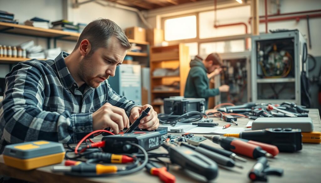 A well-lit, high-detail workshop scene showcasing electrical fault finding and repair services. In the foreground, a technician closely examines a circuit board with a multimeter, brow furrowed in concentration. Surrounding them, an array of specialized tools, including wire strippers, soldering irons, and diagnostic equipment, are neatly organized on a sturdy workbench. In the middle ground, another technician repairs a large electrical panel, their hands deftly manipulating wires and components. The background depicts the workshop interior, with shelves stocked with spare parts and technical manuals, and a large window allowing natural light to flood the space, casting a warm, productive glow. The overall atmosphere conveys a sense of expertise, precision, and the dedicated effort required to diagnose and resolve complex electrical issues. A well-lit, high-detail workshop scene showcasing electrical fault finding and repair services. In the foreground, a technician closely examines a circuit board with a multimeter, brow furrowed in concentration. Surrounding them, an array of specialized tools, including wire strippers, soldering irons, and diagnostic equipment, are neatly organized on a sturdy workbench. In the middle ground, another technician repairs a large electrical panel, their hands deftly manipulating wires and components. The background depicts the workshop interior, with shelves stocked with spare parts and technical manuals, and a large window allowing natural light to flood the space, casting a warm, productive glow. The overall atmosphere conveys a sense of expertise, precision, and the dedicated effort required to diagnose and resolve complex electrical issues.
